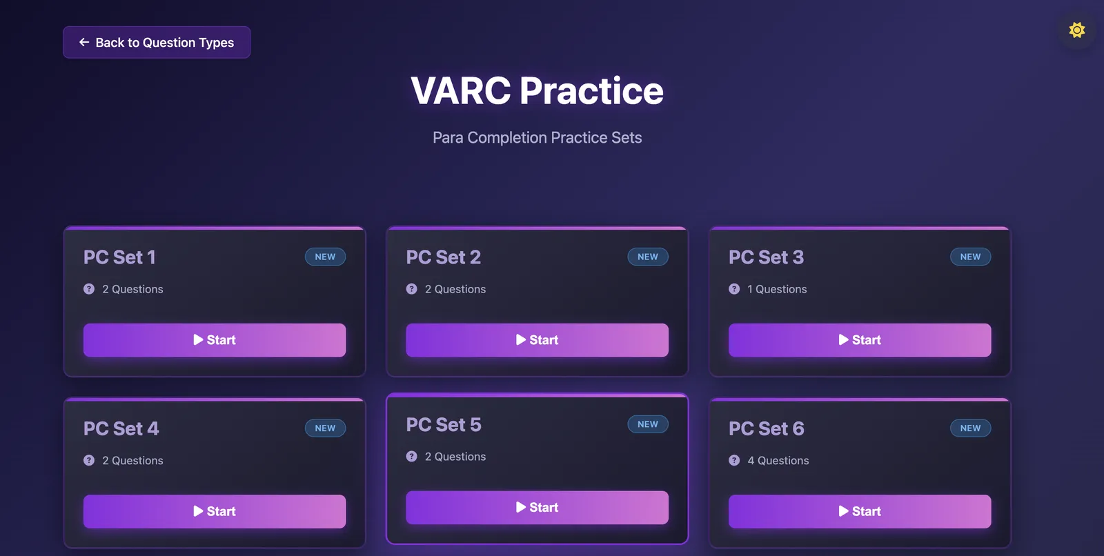 VARC Practice paragraph completion interface in dark mode