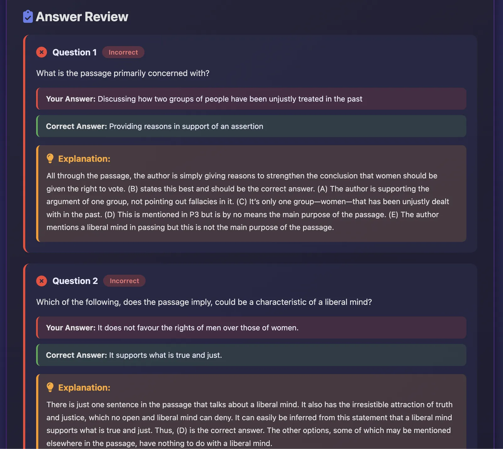 VARC Practice test answer review screen showing detailed feedback in dark mode